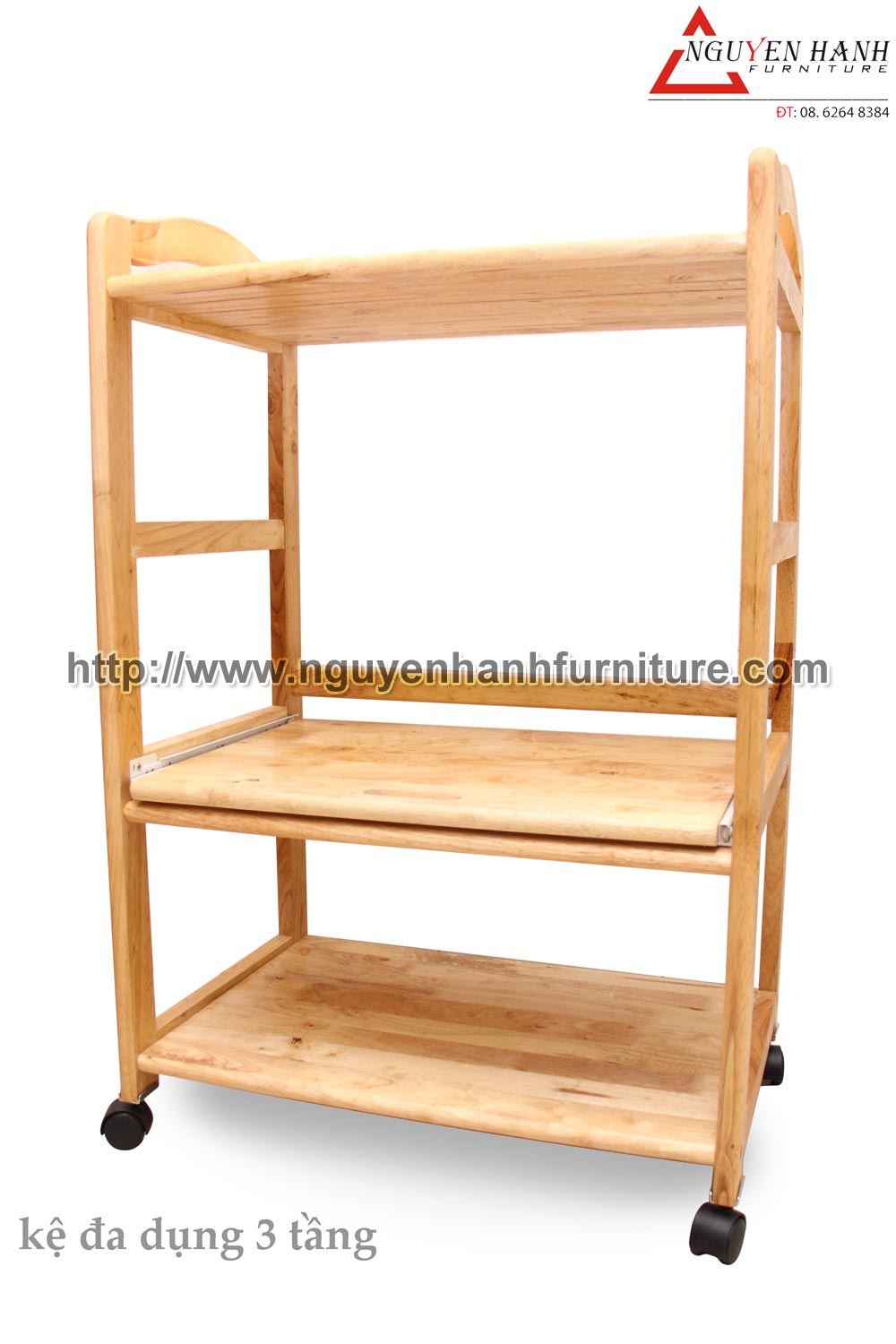 Name product: Triple-storey Multi-purpose Shelf - Dimensions: 87 x 60 x 40cm - Description: Wood natural rubber