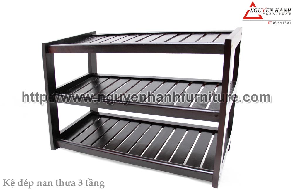 Name product: 3 storey Shoeshelf with sparse blades (black) - Dimensions: 62 x 30 x 45 (H) - Description: Wood natural rubber